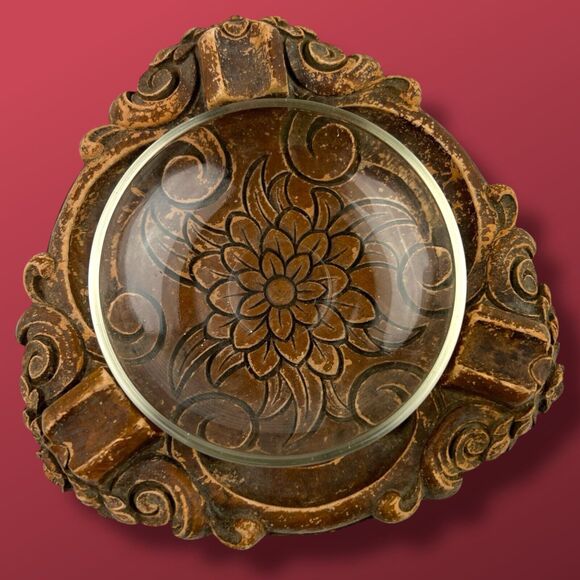 Antique Art Nouveau Floral Wood Glass Ashtray Hand Carved Cottagecore Boho - Picture 6 of 7